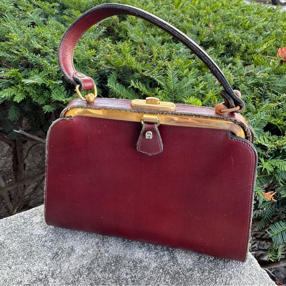 Vintage Etienne Aigner Burgundy Leather Handmade Frame Bag w/FLAWS